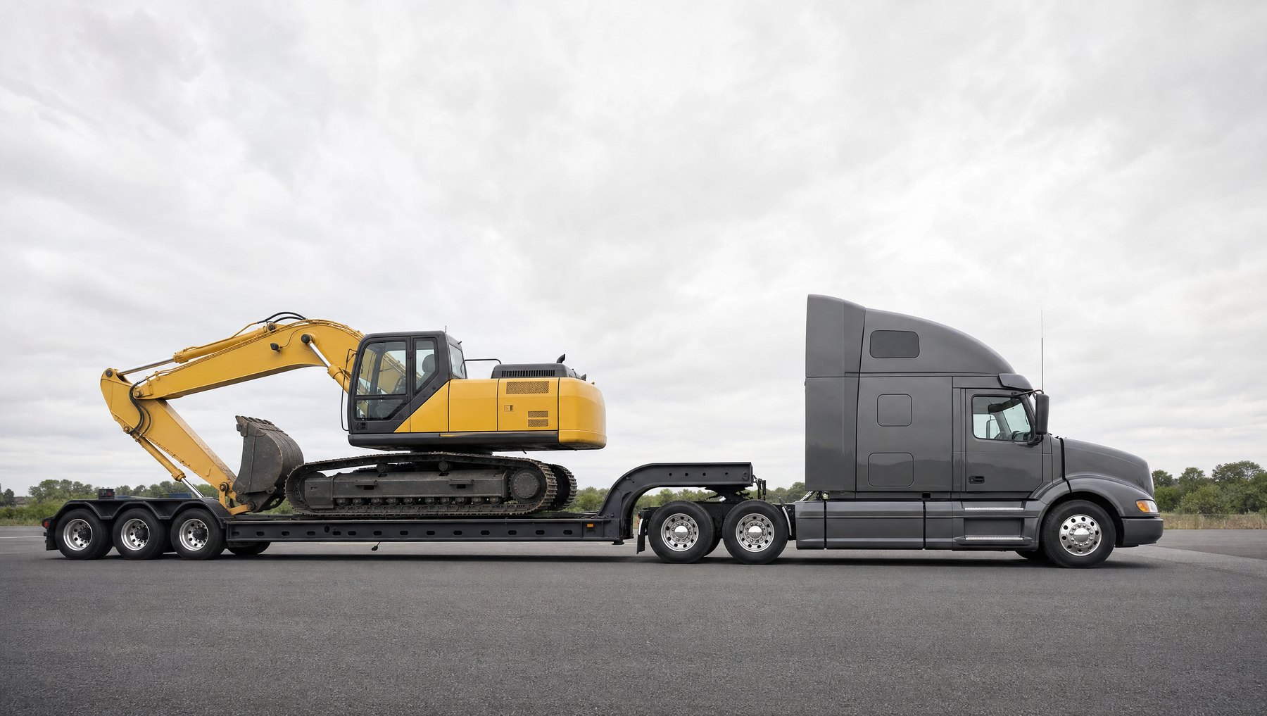 ASE North Logistics tractor with a lowboy trailer carrying an excavator