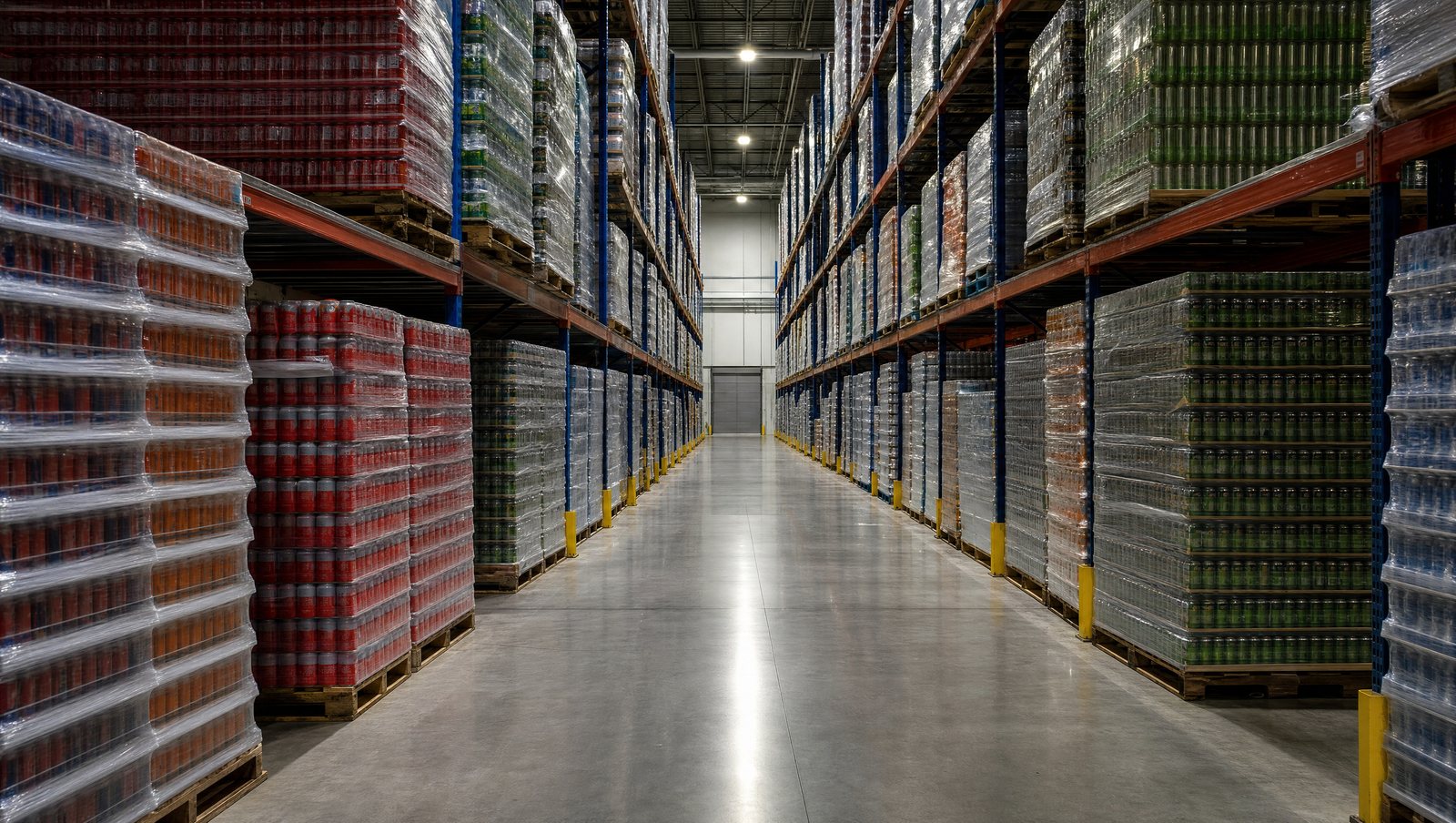 Warehouse aisle of shrink-wrapped pallets of canned and bottled beverages on pallet racking