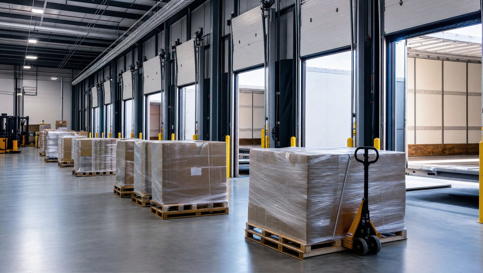 Shrink-wrapped LTL pallets and a pallet jack on a cross-dock floor beside open dock doors