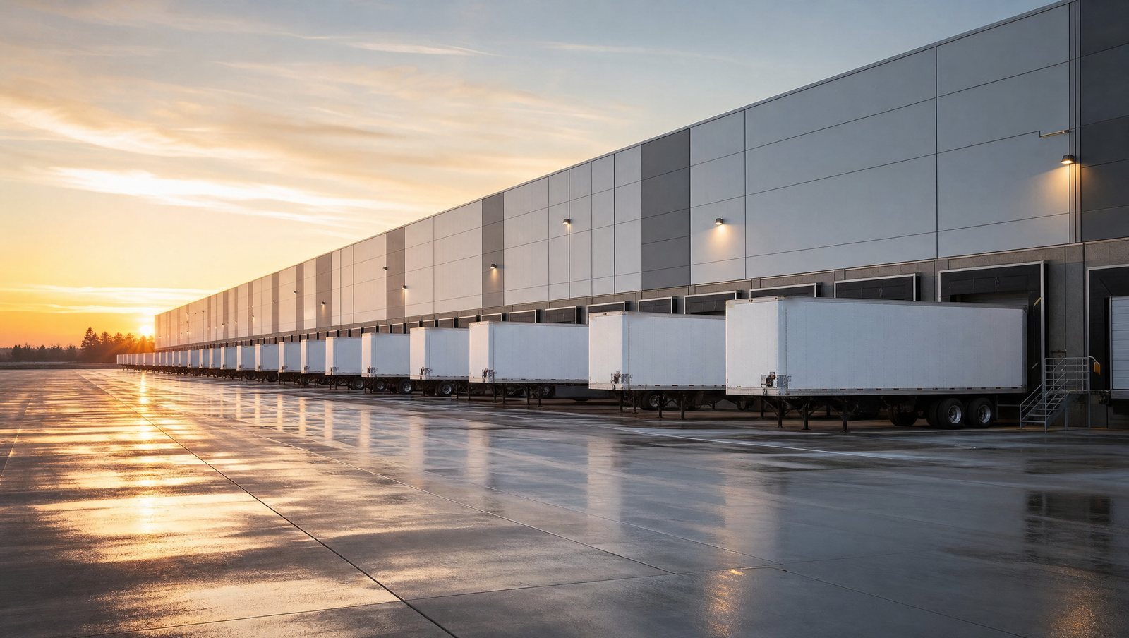 Distribution center with semi trailers backed into a long row of loading docks