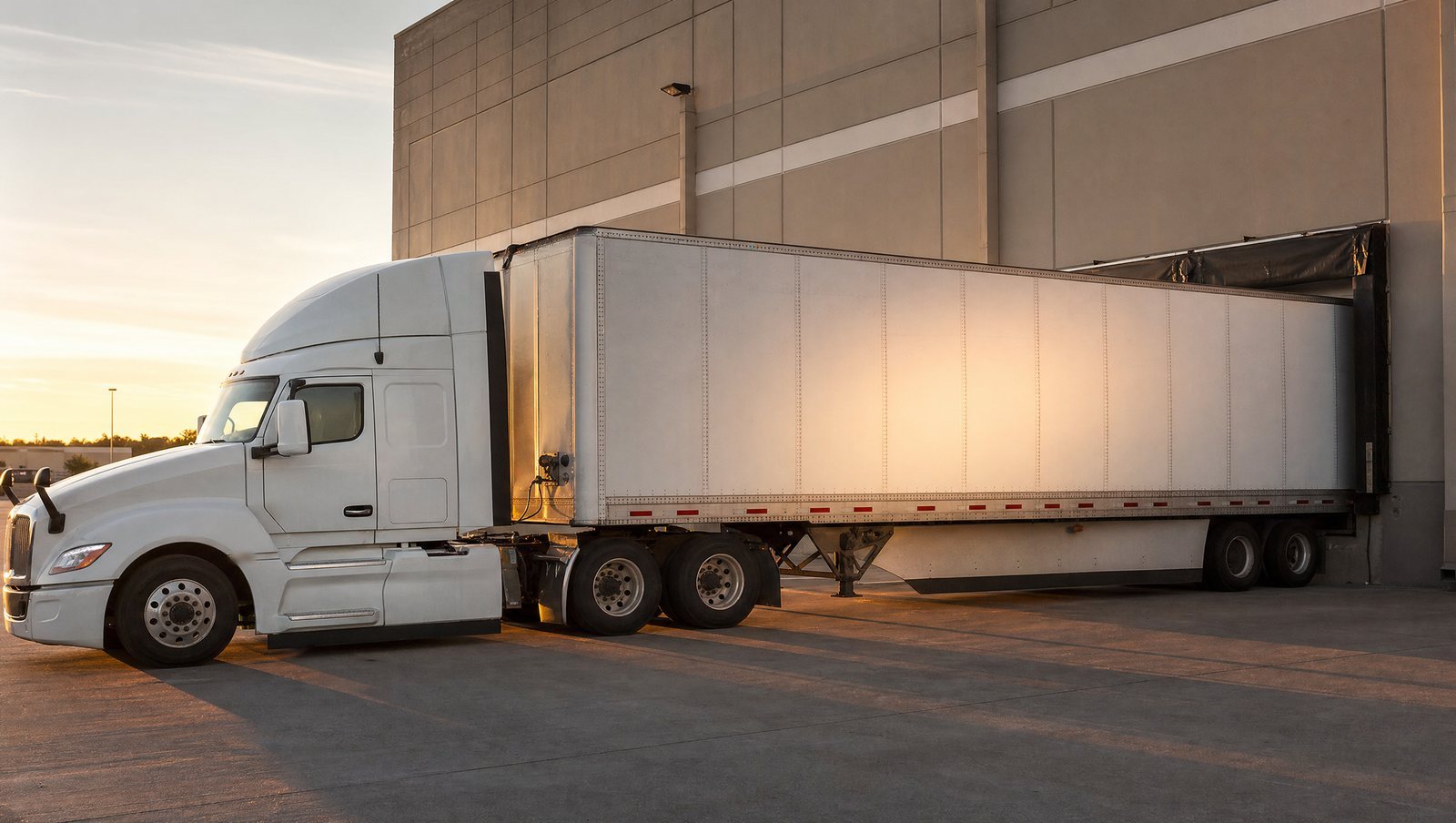 Semi truck and trailer backed into a warehouse loading dock at golden hour