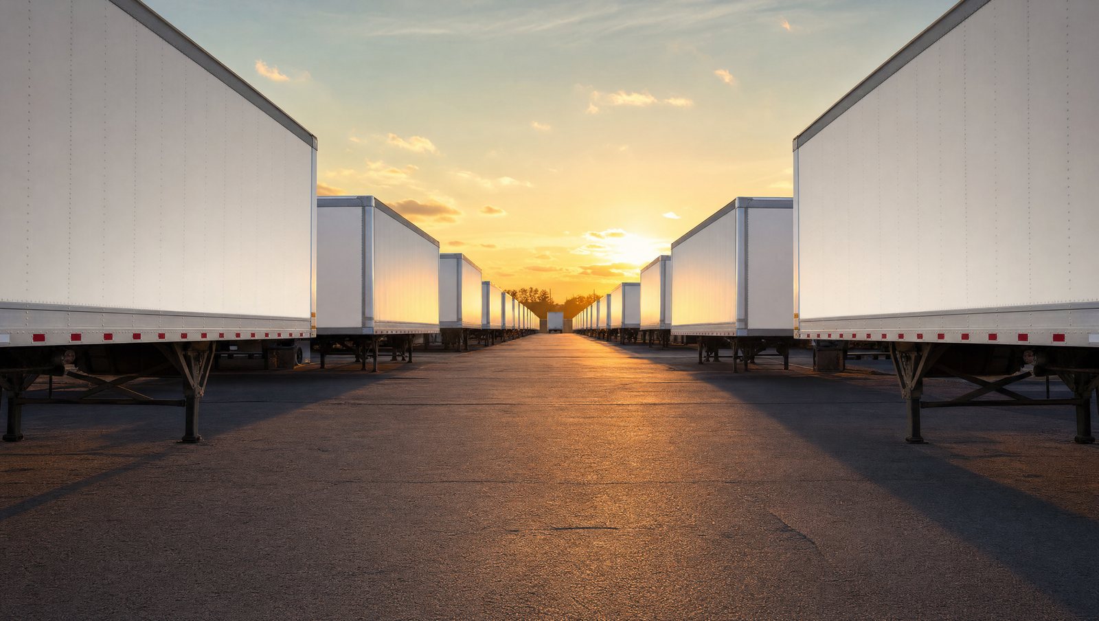 Rows of parked semi trailers on their landing gear in a trailer drop yard at sunset