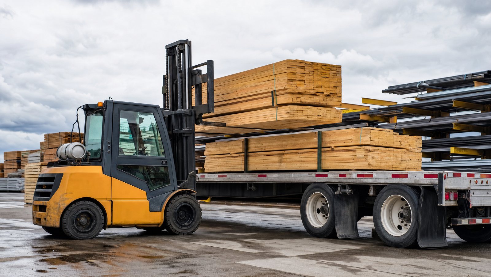 Forklift loading bundled lumber beside a flatbed trailer at a building materials yard