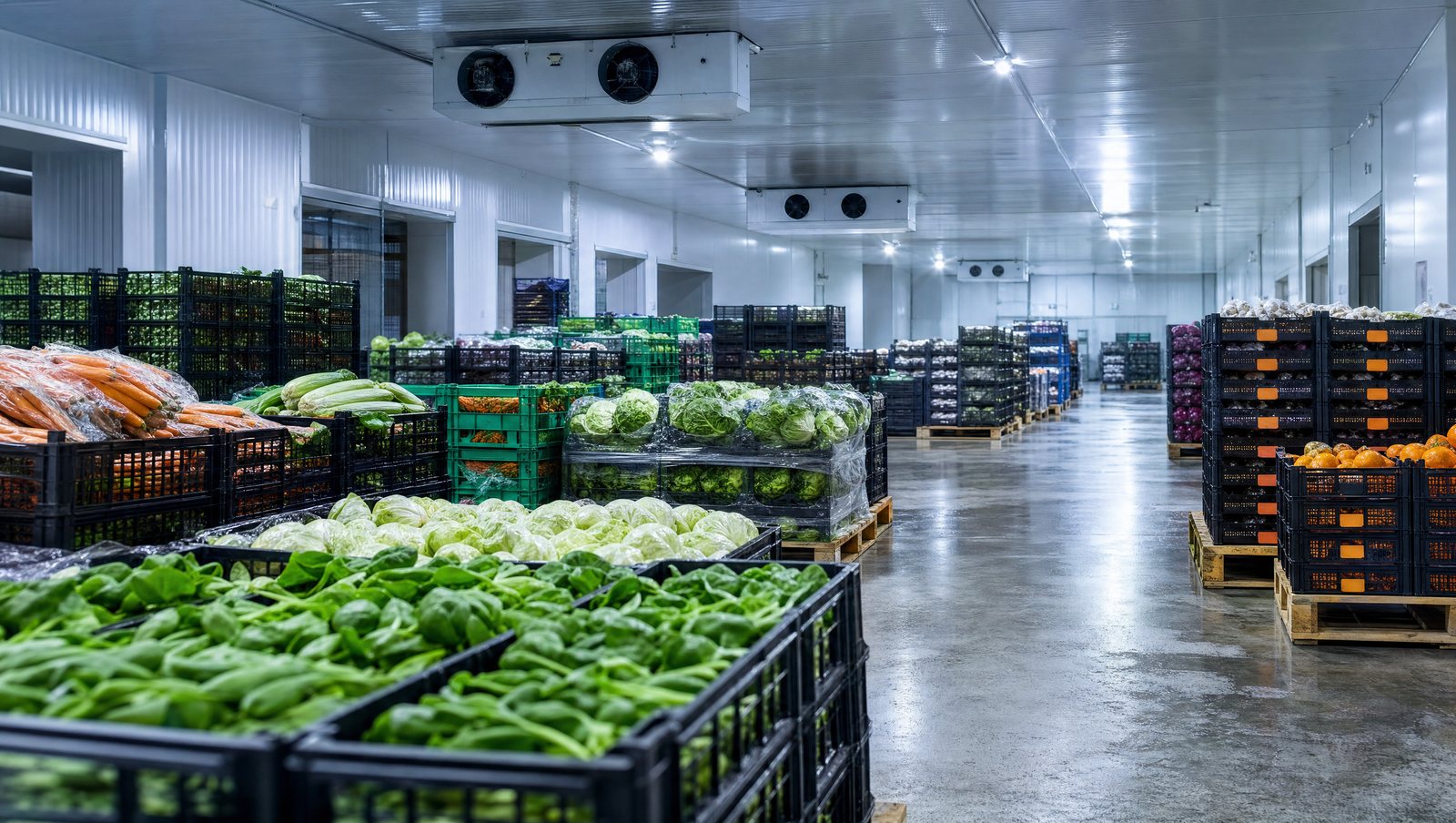 Refrigerated cold storage room with crates of fresh vegetables and leafy greens