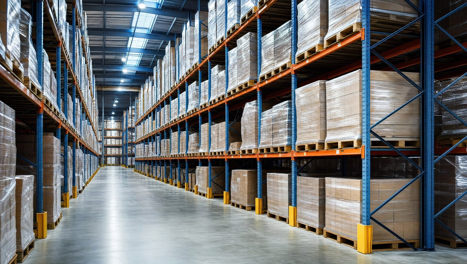 Distribution center aisle with tall pallet racking stocked with boxed inventory